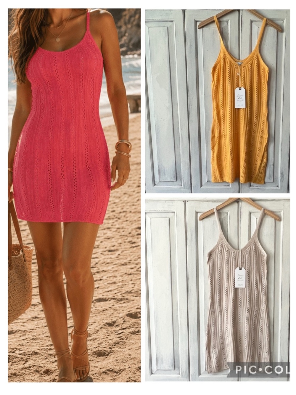 🟠NWT LOVE TREE Open Stitch Crochet Mini Slip Dress/Cover-Up on Mustard or Beige
